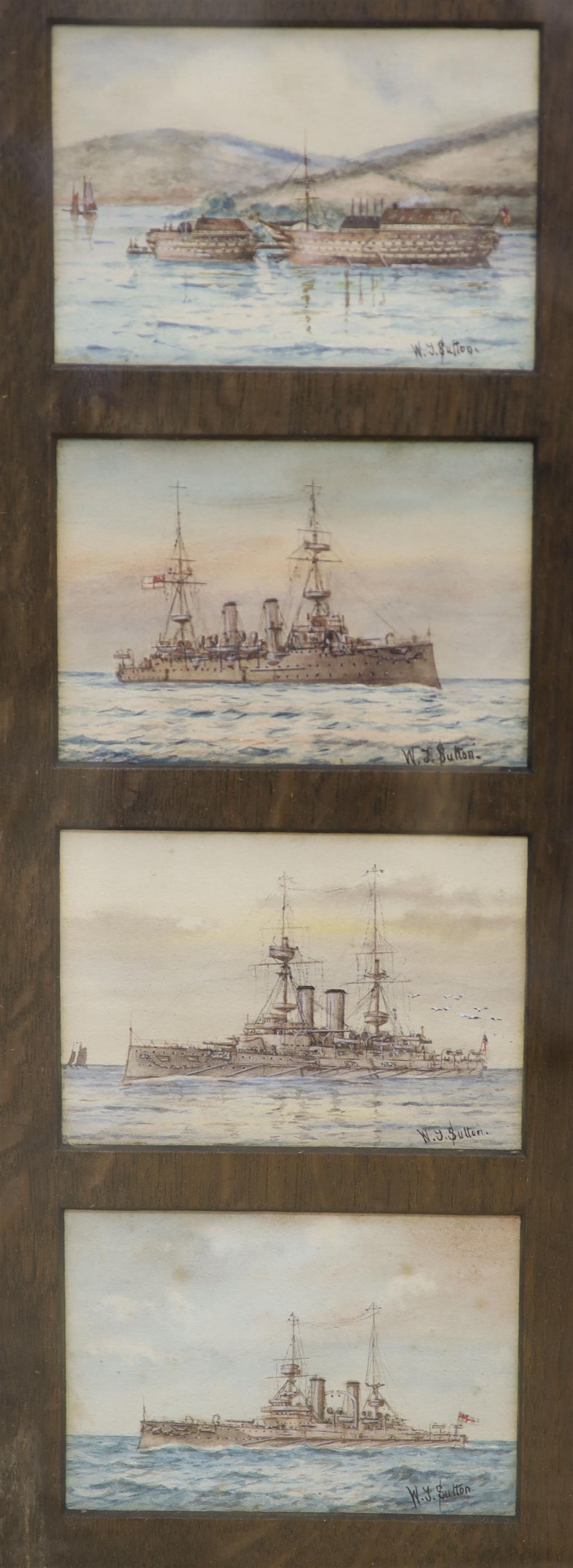 W. J. Sutton, eight watercolours, Studies of pre-WWI Warships, HMS Jed, Goldfinch, Pegasus, Lark, Britannia, Isis, Implacable and Swift